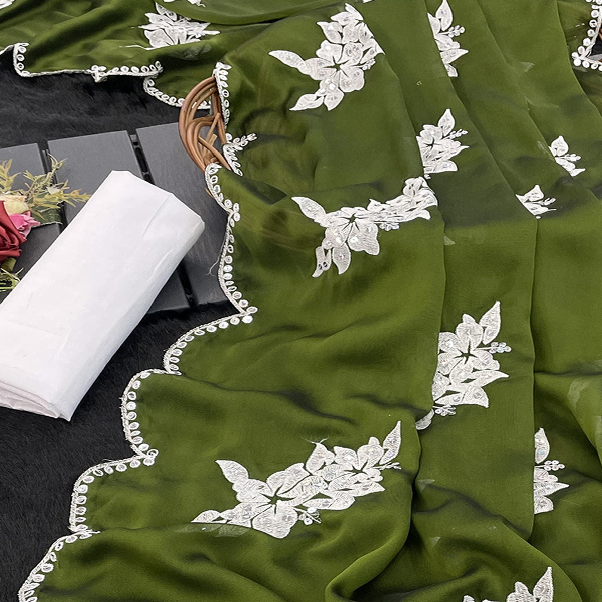 Mehendi Green Silk Blend Saree with Embroidered Floral Design in Sequins & Thread