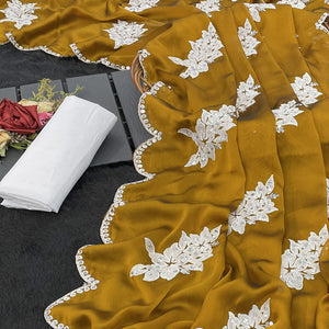 Mustard Silk Blend Saree with Embroidered Floral Design in Sequins & Thread