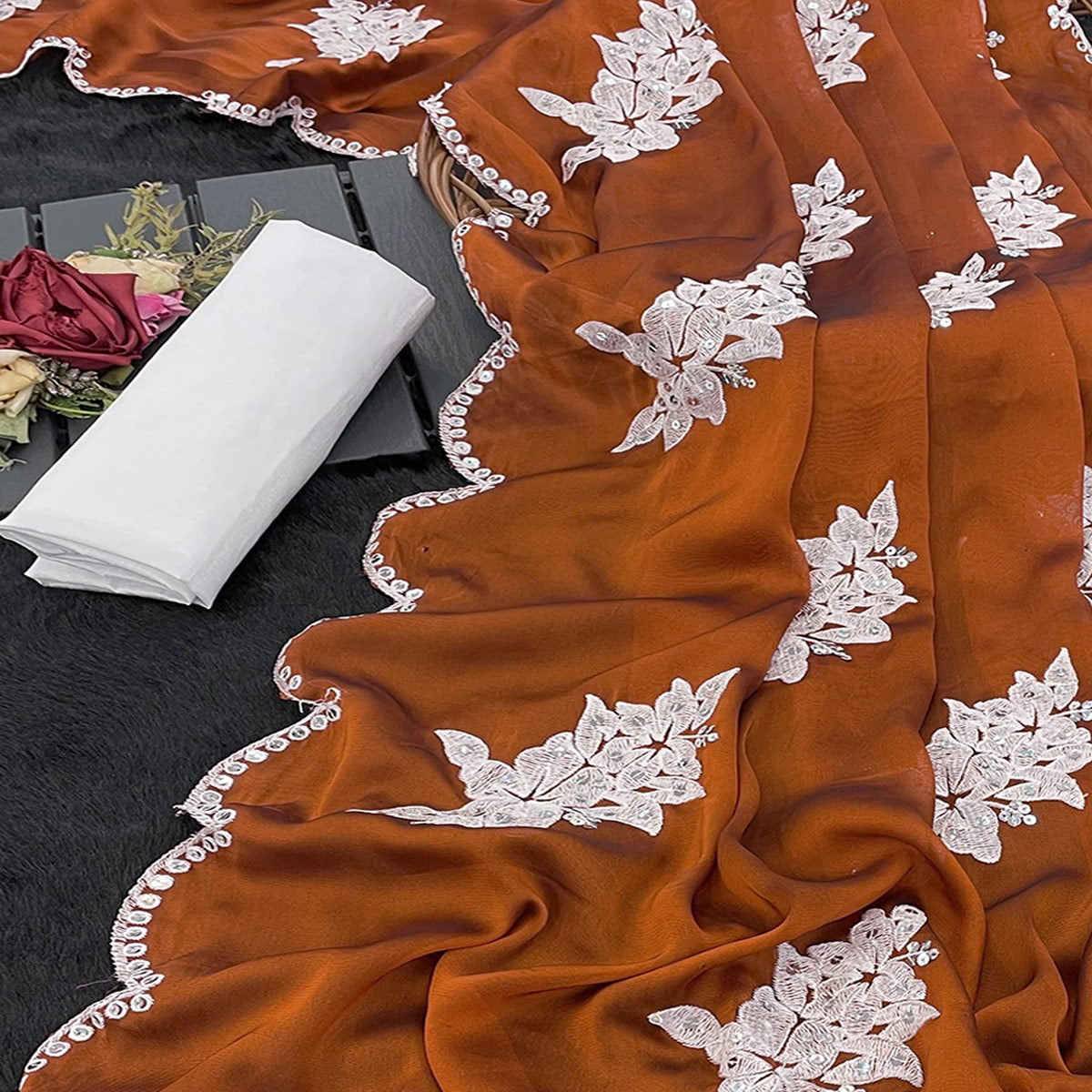 Rust Silk Blend Saree with Embroidered Floral Design in Sequins & Thread