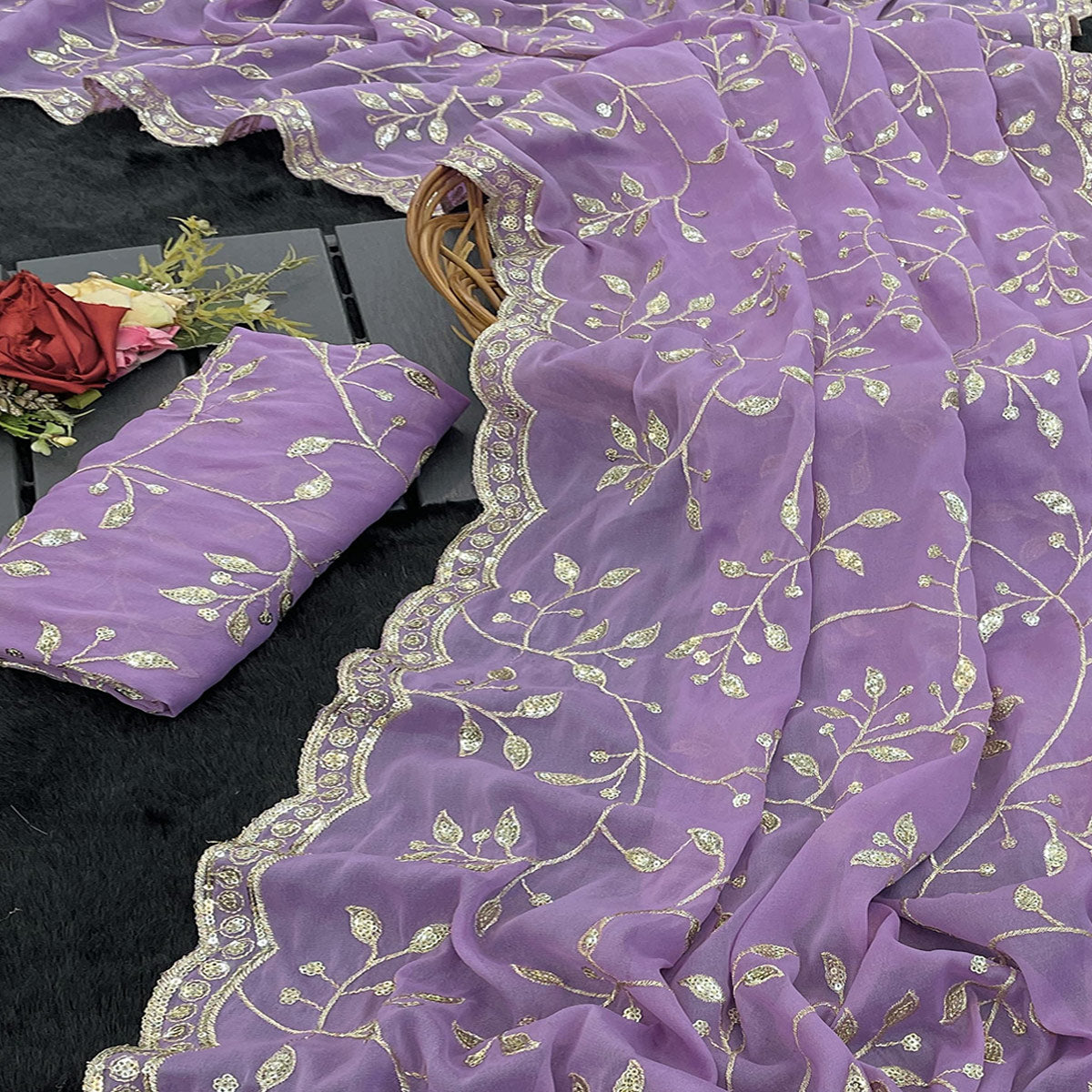 Designer Lavender Georgette Saree Featuring Intricate Sequins & Embroidery Work