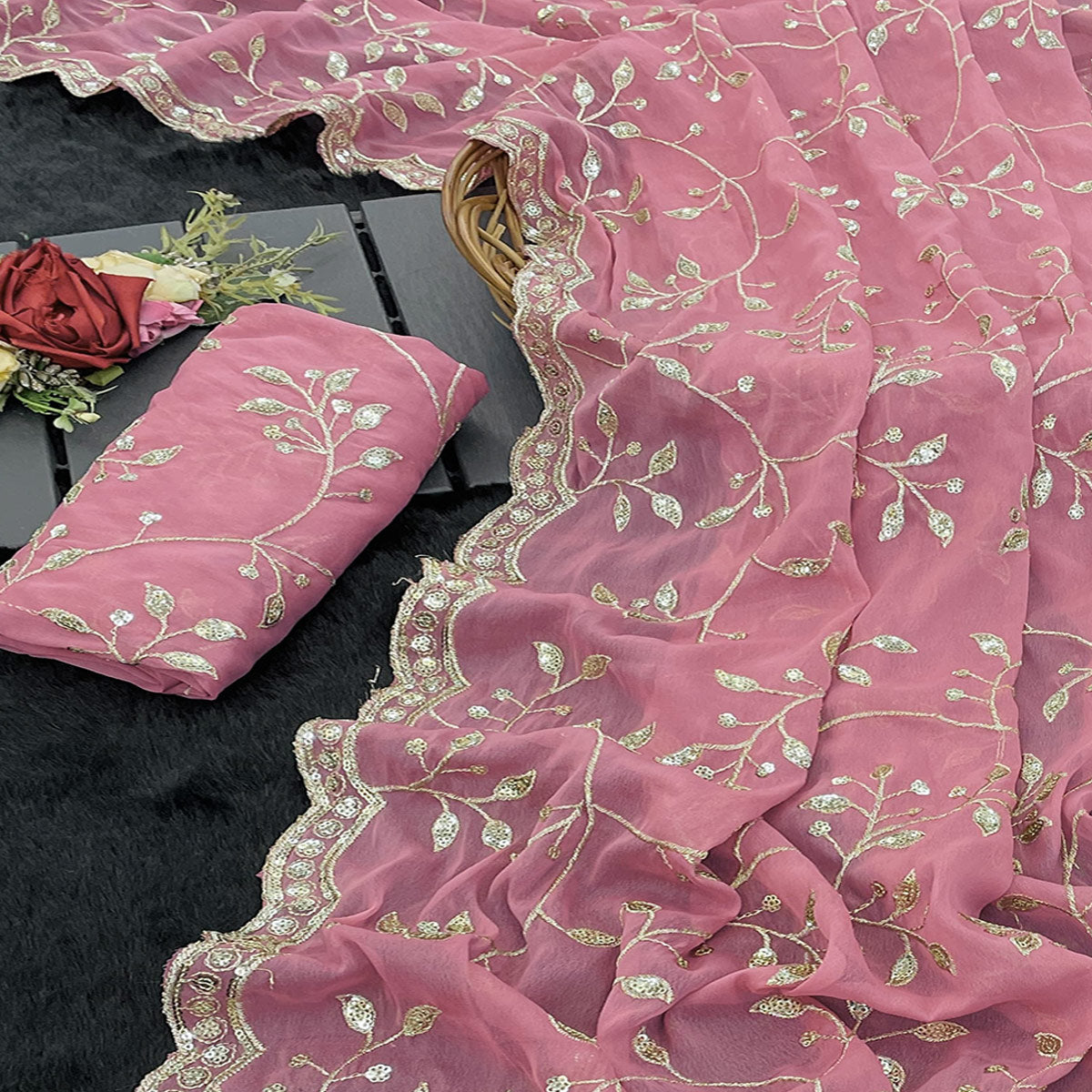 Designer Pink Georgette Saree Featuring Intricate Sequins & Embroidery Work