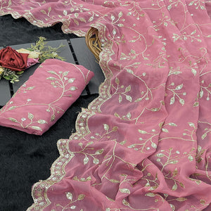 Designer Pink Georgette Saree Featuring Intricate Sequins & Embroidery Work