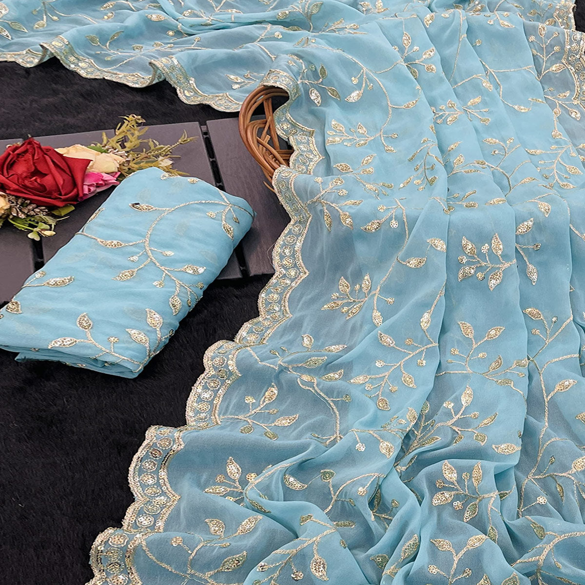 Designer Turquoise Georgette Saree Featuring Intricate Sequins & Embroidery Work