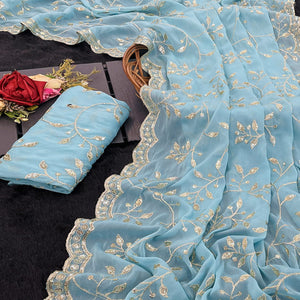 Designer Turquoise Georgette Saree Featuring Intricate Sequins & Embroidery Work