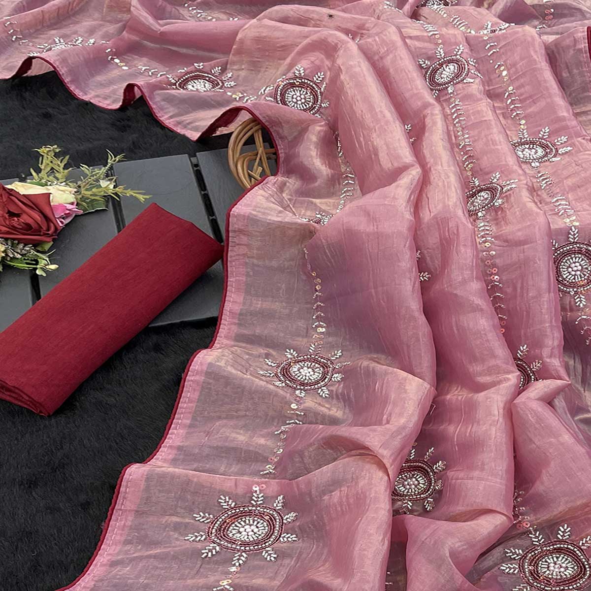 Pink Designer Silk Blend Saree Embellished with Stones & Beads