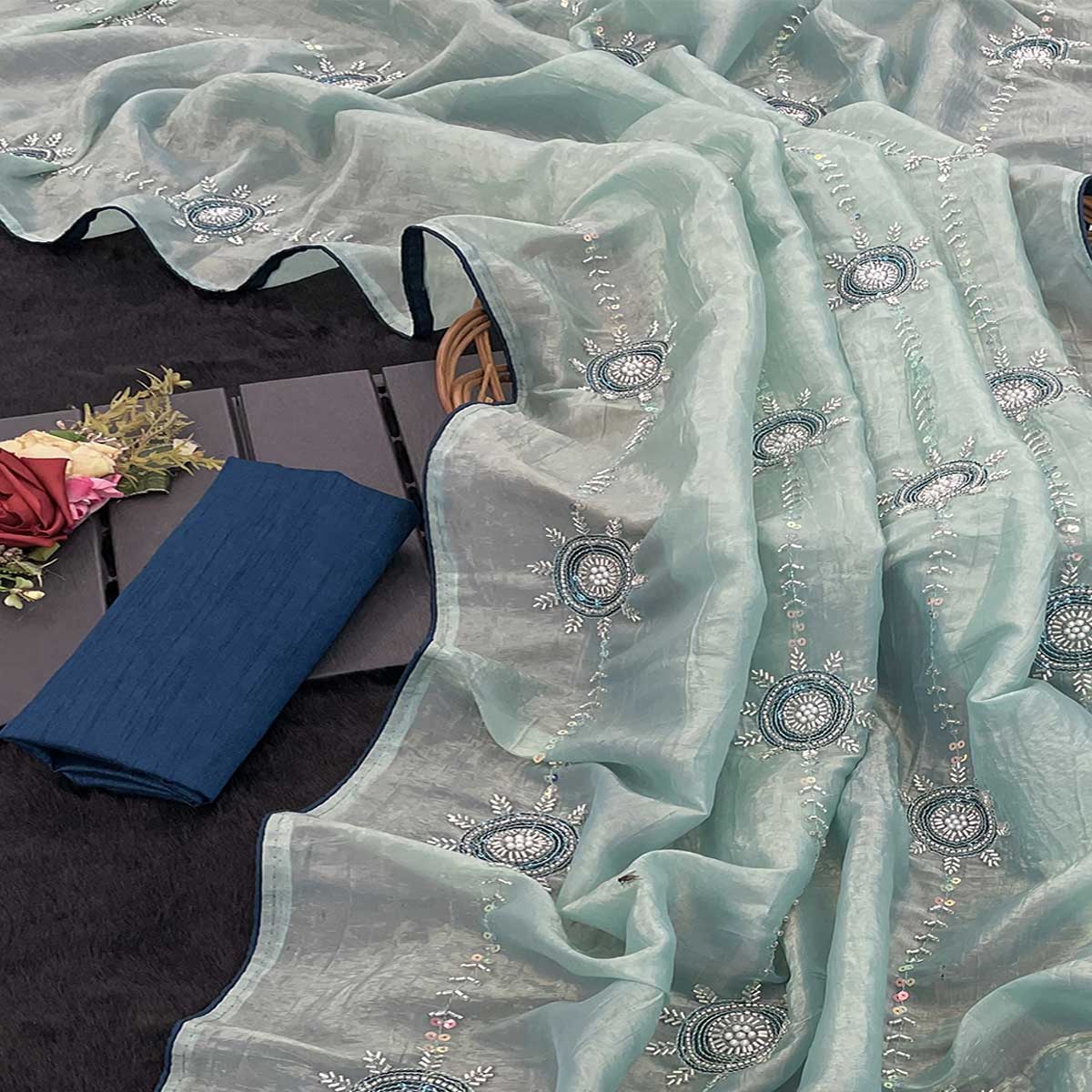 Turquoise Designer Silk Blend Saree Embellished with Stones & Beads