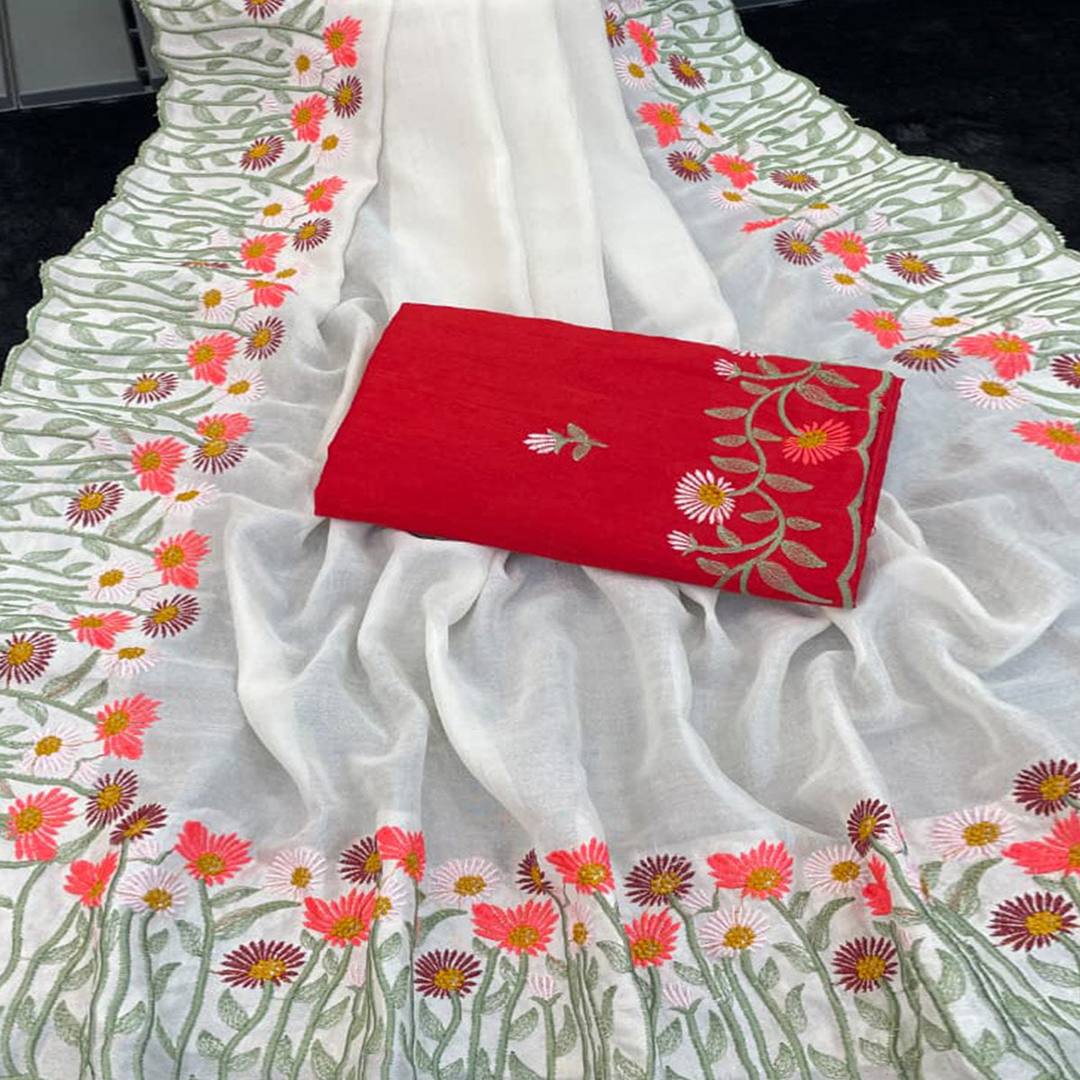 Off White Vichitra Silk Saree with Fine Floral Embroidery for Party and Traditional Styling