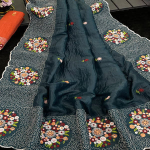 Deep Teal Cotton Silk Saree with Beautiful Floral Embroidery for Parties & Celebrations