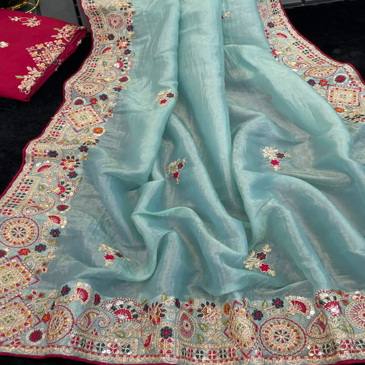 Aqua Blue Saree in Cotton Silk Fabric with Exquisite Floral Sequins Detailing