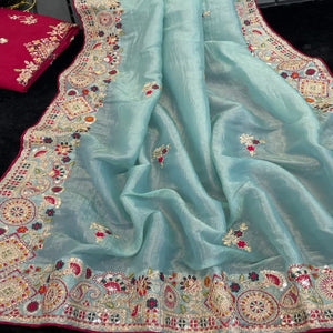 Aqua Blue Saree in Cotton Silk Fabric with Exquisite Floral Sequins Detailing
