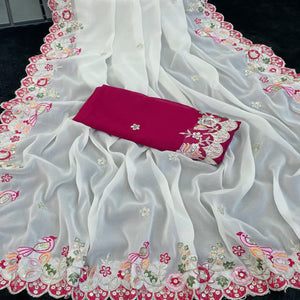 Stylish Off White Georgette Partywear Saree with Beautifully Embroidered Border Detailing
