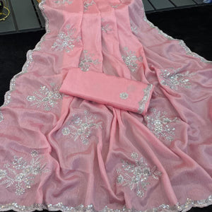 Designer Peach Pure Chinon Saree Highlighted with Elegant Sequins Embroidery