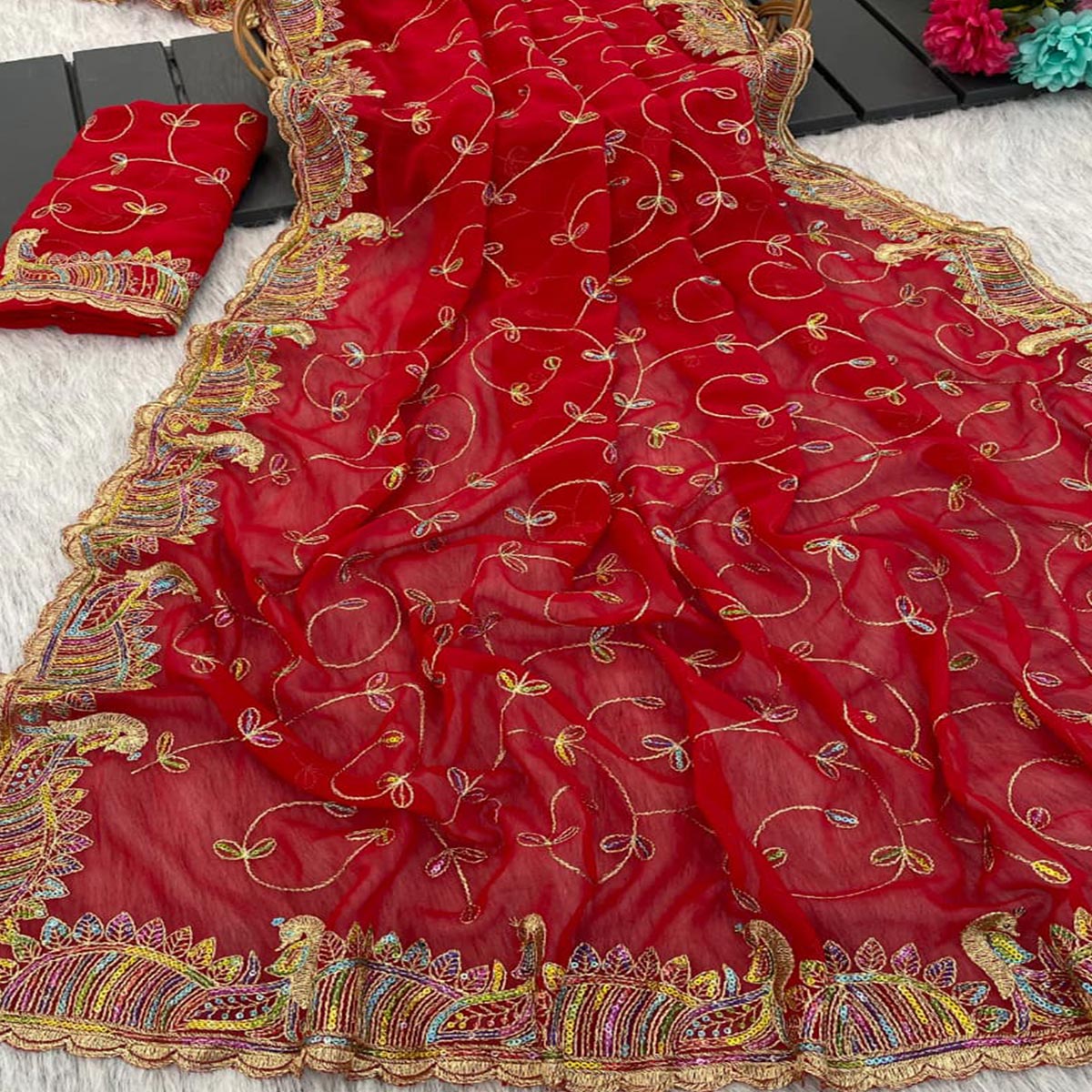 Elegant Red Floral Sequin & Thread Embroidered Georgette Saree With Exquisite Peacock Design Border