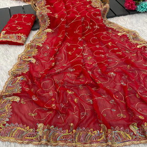 Elegant Red Floral Sequin & Thread Embroidered Georgette Saree With Exquisite Peacock Design Border