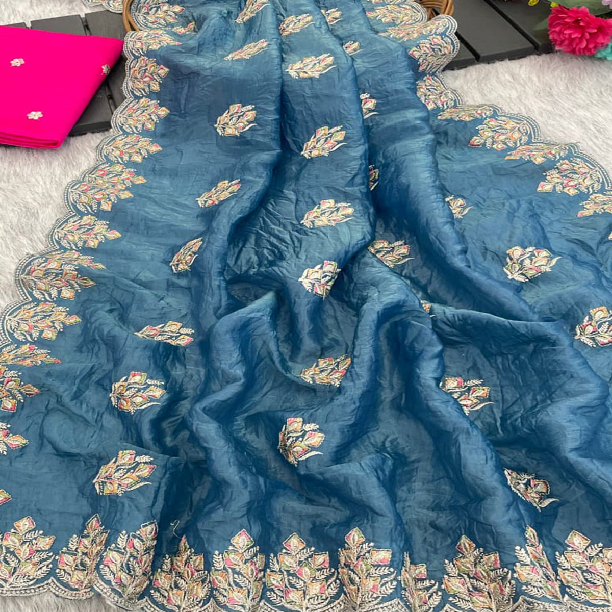 Classic Blue Silk Blend Crush Saree Beautifully Embellished With Floral Thread Embroidery