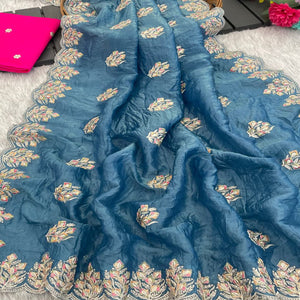 Classic Blue Silk Blend Crush Saree Beautifully Embellished With Floral Thread Embroidery