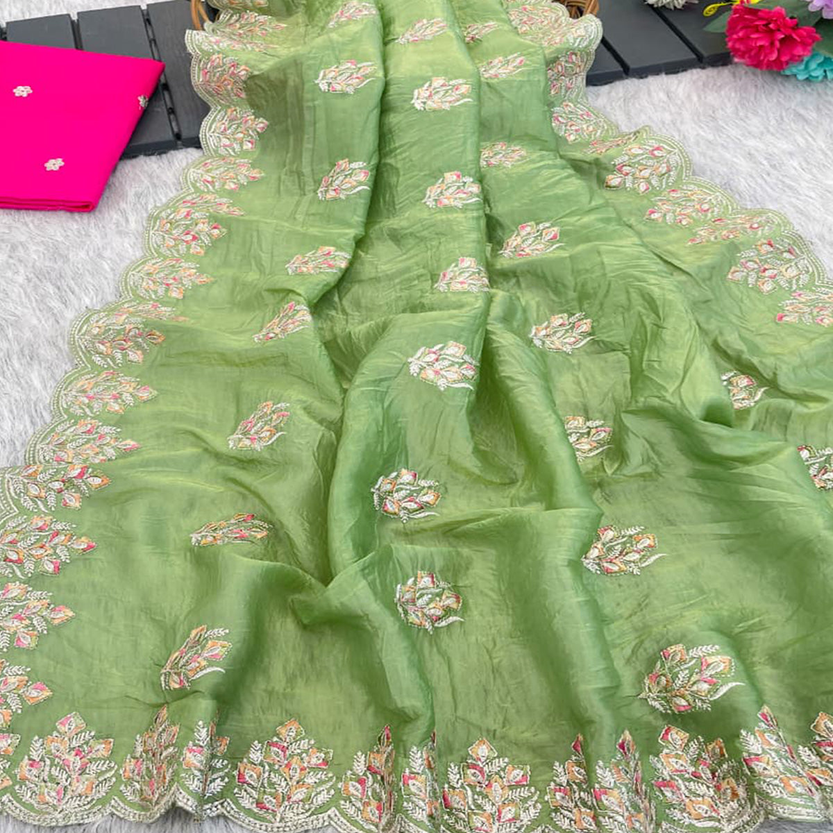 Classic Parrot Green Silk Blend Crush Saree Beautifully Embellished With Floral Thread Embroidery