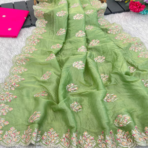 Classic Parrot Green Silk Blend Crush Saree Beautifully Embellished With Floral Thread Embroidery