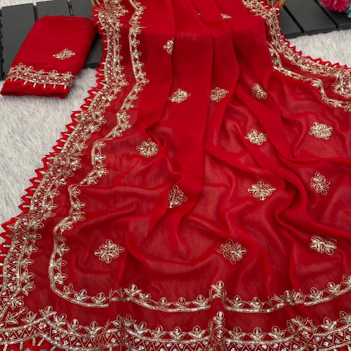 Radiant Red Thread Work Georgette Silk Saree Beautifully Enhanced With Sequins Embellishment