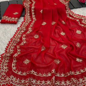 Radiant Red Thread Work Georgette Silk Saree Beautifully Enhanced With Sequins Embellishment