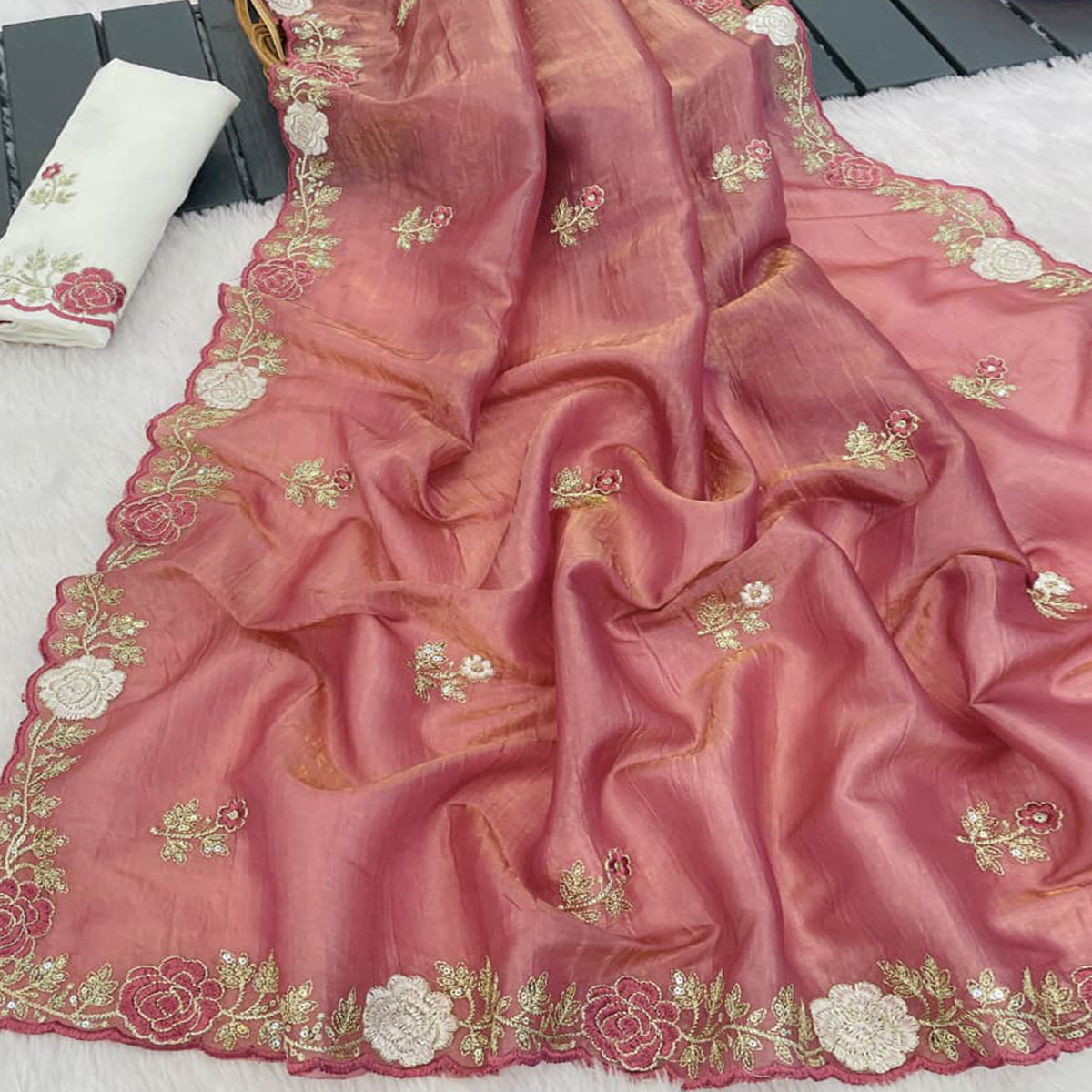 Rose Pink Lightweight Georgette Crush Saree Adorned with Delicate Floral Embroidery