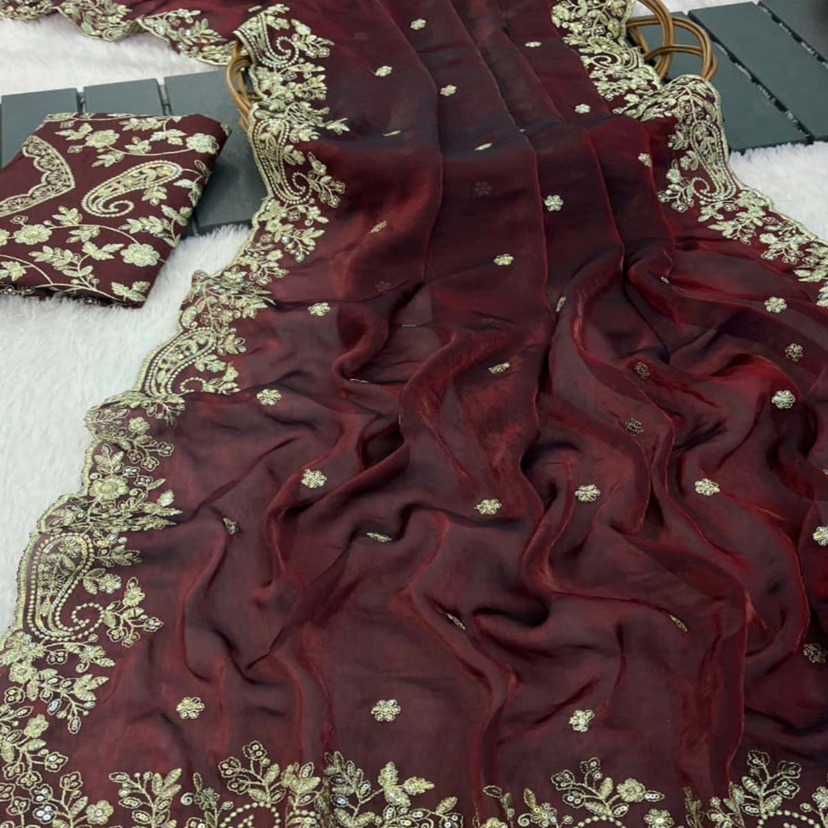 Burgundy Partywear Organza Satin Silk Crush Saree with Delicate Floral Embroidery