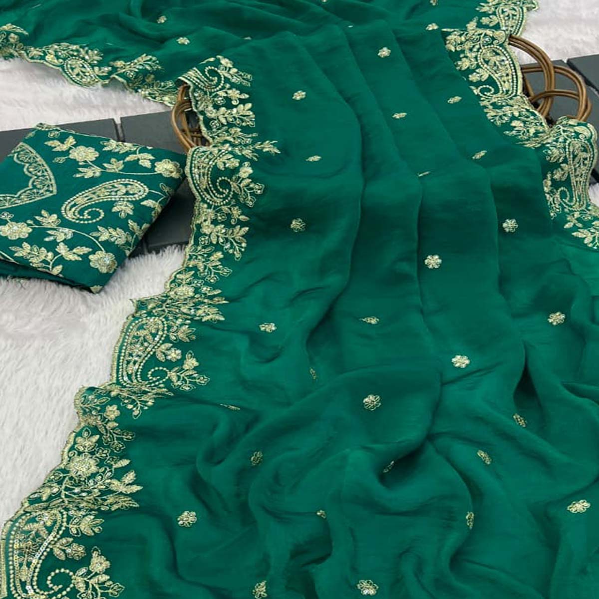 Green Partywear Organza Satin Silk Crush Saree with Delicate Floral Embroidery