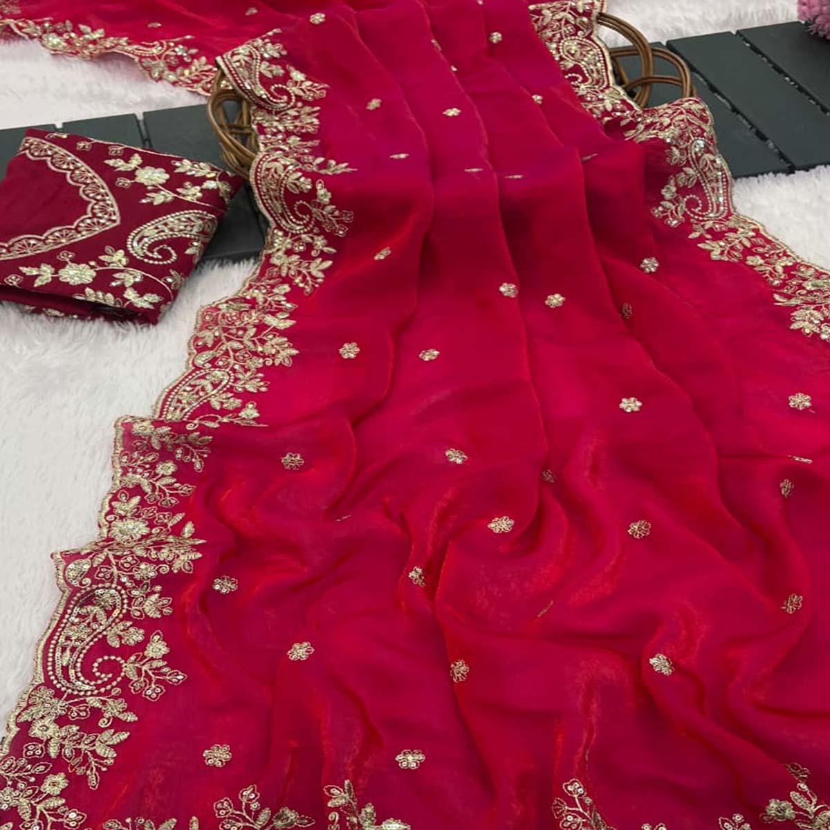 Pink Partywear Organza Satin Silk Crush Saree with Delicate Floral Embroidery