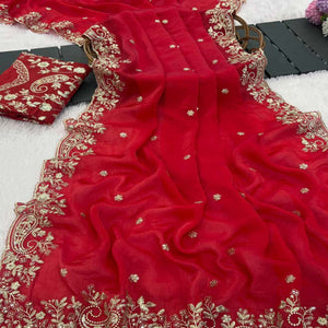 Red Partywear Organza Satin Silk Crush Saree with Delicate Floral Embroidery