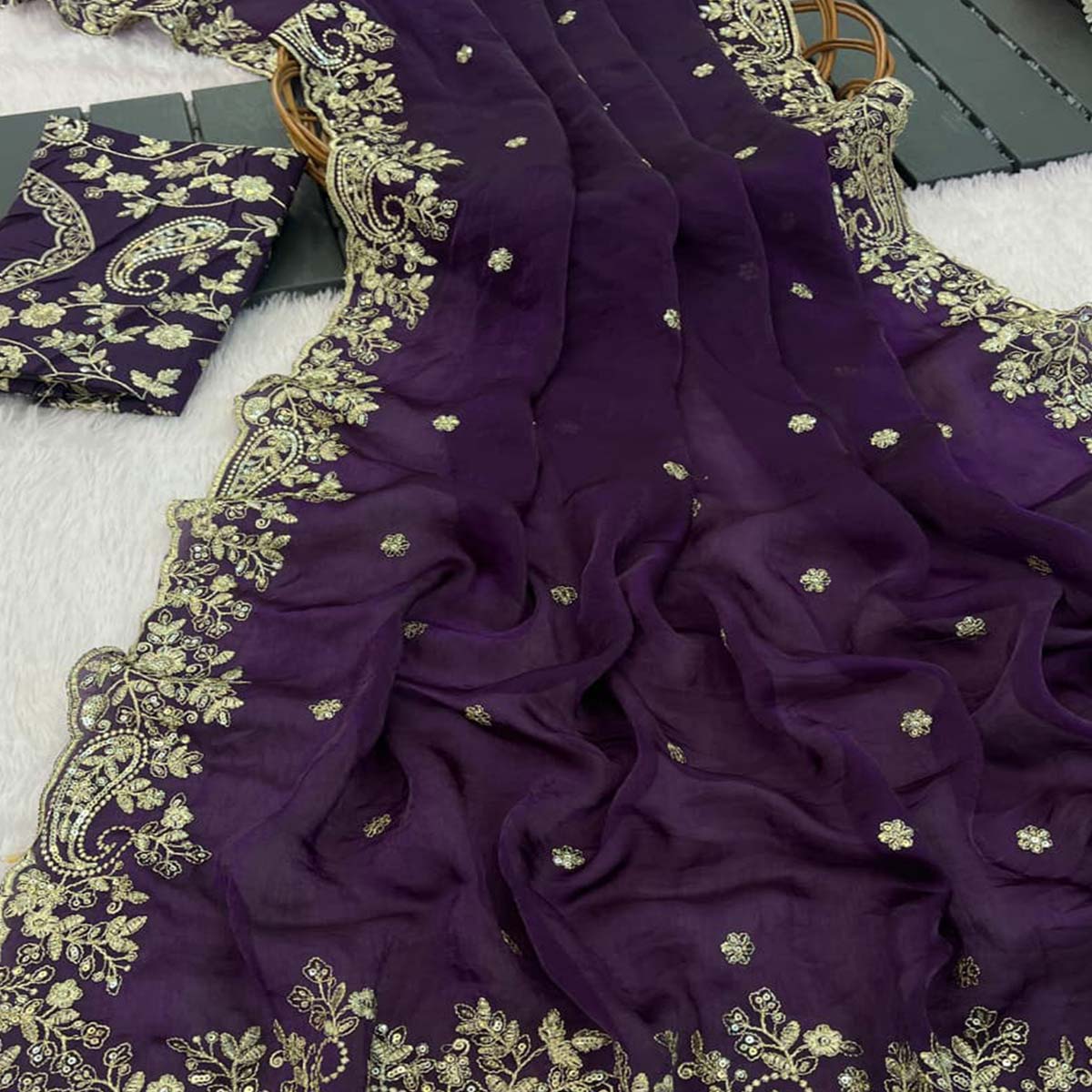 Violet Partywear Organza Satin Silk Crush Saree with Delicate Floral Embroidery