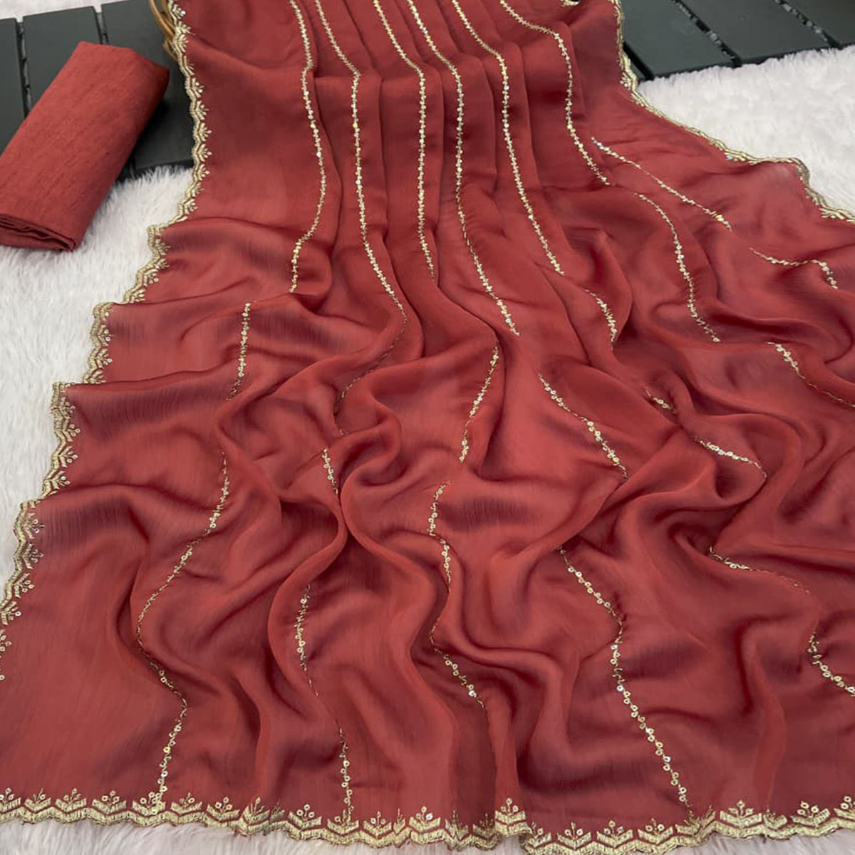 Brick Red Soft Satin Chiffon Saree Adorned with Intricate Sequins Detailing