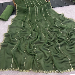 Green Soft Satin Chiffon Saree Adorned with Intricate Sequins Detailing