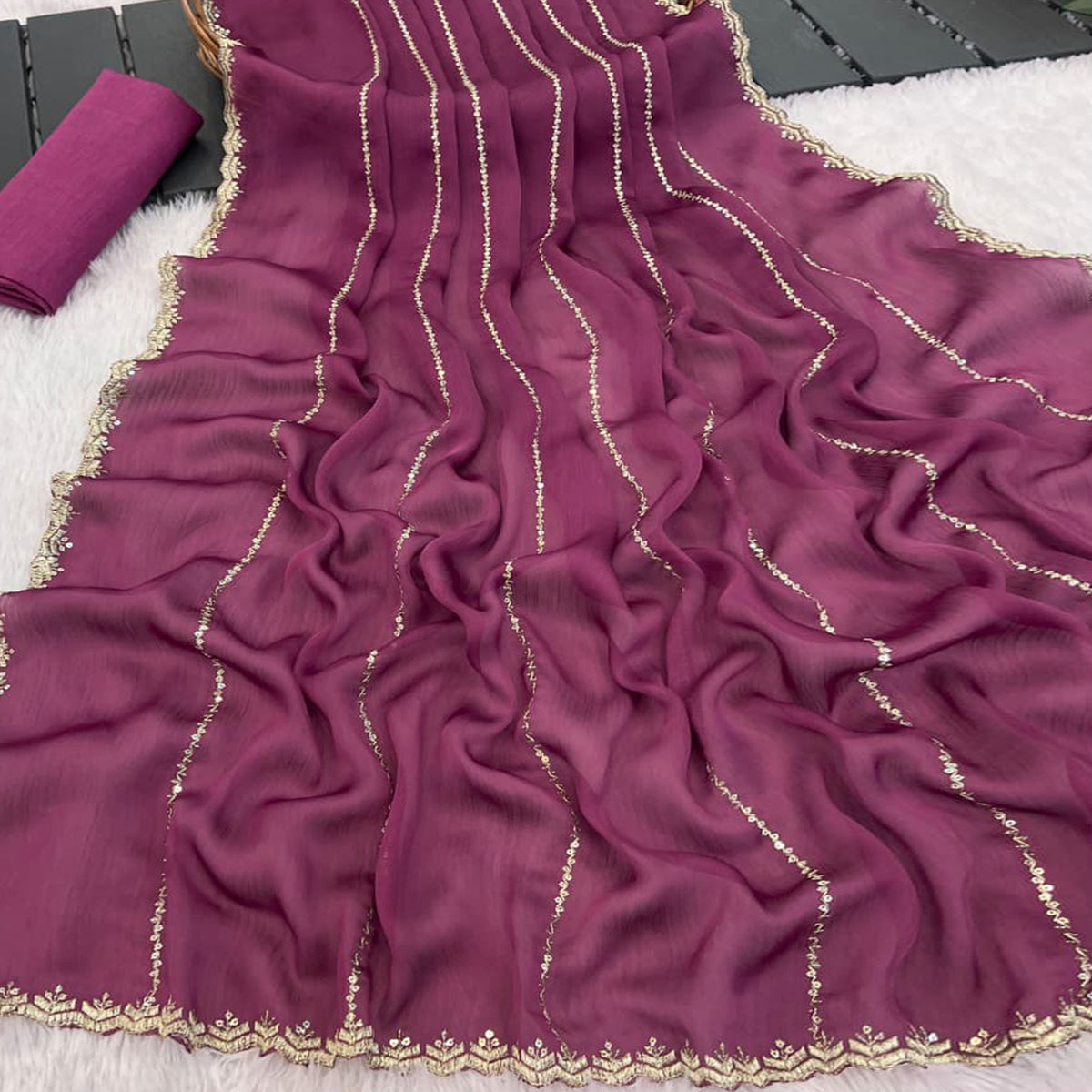 Mauve Soft Satin Chiffon Saree Adorned with Intricate Sequins Detailing