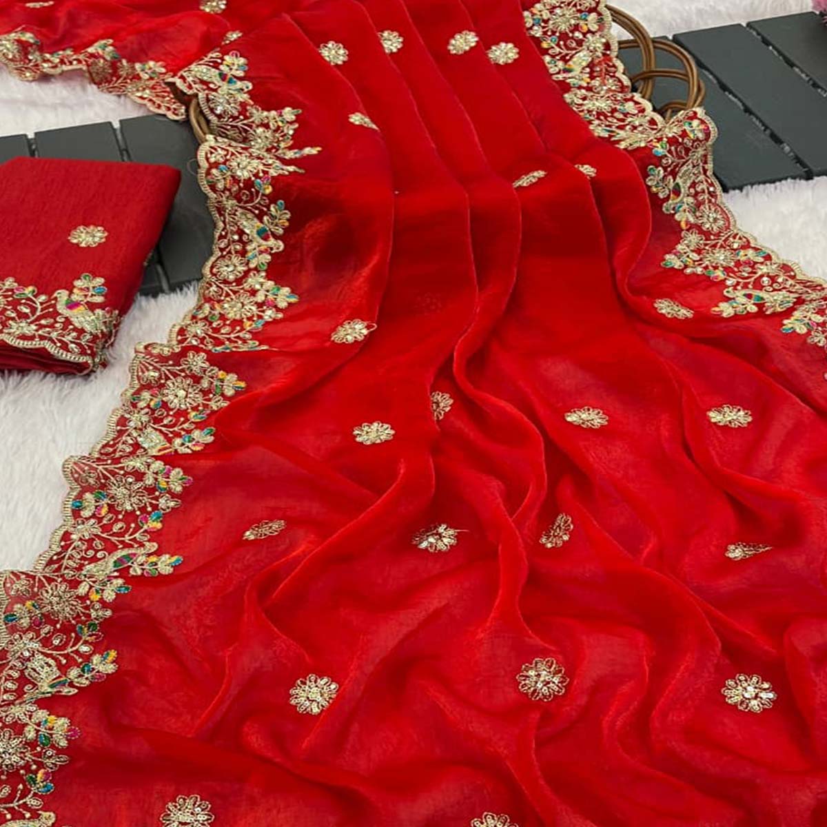 Red Floral Embroidered Lightweight Organza Satin Silk Saree for Party and Festive Wear