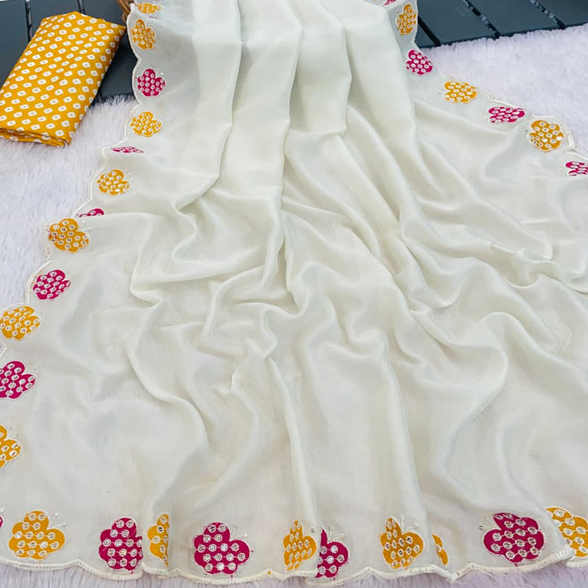 Off White Premium Vichitra Silk Saree Adorned with Intricate Embroidery Work