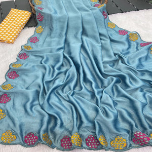 Teal Premium Vichitra Silk Saree Adorned with Intricate Embroidery Work