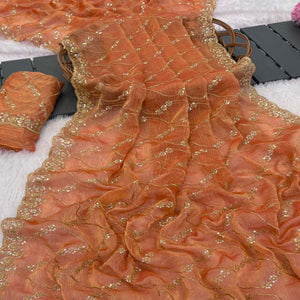 Orange Partywear Organza Chiffon Silk Saree Highlighted with Fine Sequins Detailing