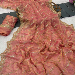 Peach Partywear Organza Chiffon Silk Saree Highlighted with Fine Sequins Detailing