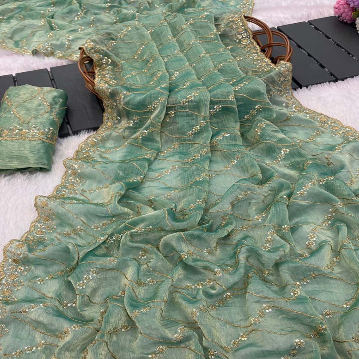Sea Green Partywear Organza Chiffon Silk Saree Highlighted with Fine Sequins Detailing