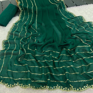 Green Soft Satin Chiffon Saree Embellished with Intricate Sequins Detailing