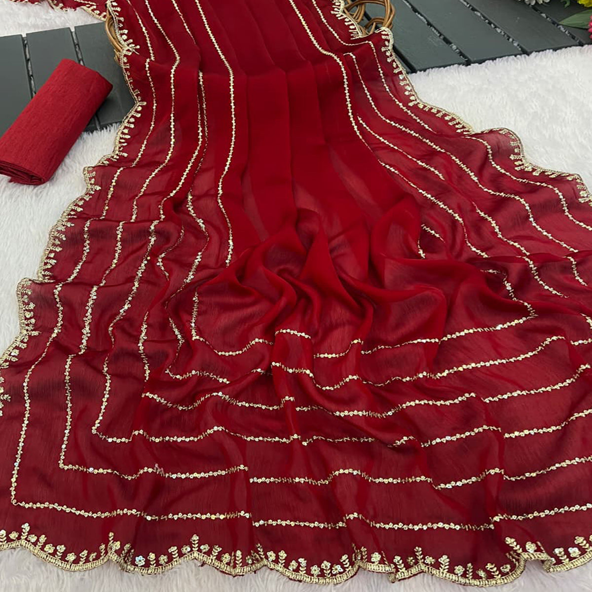 Maroon Soft Satin Chiffon Saree Embellished with Intricate Sequins Detailing