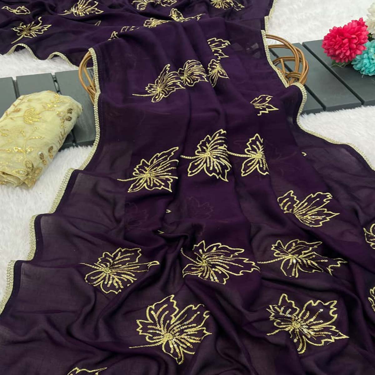 Glamorous Purple Sequin Embellished Saree in Premium Vichitra Silk