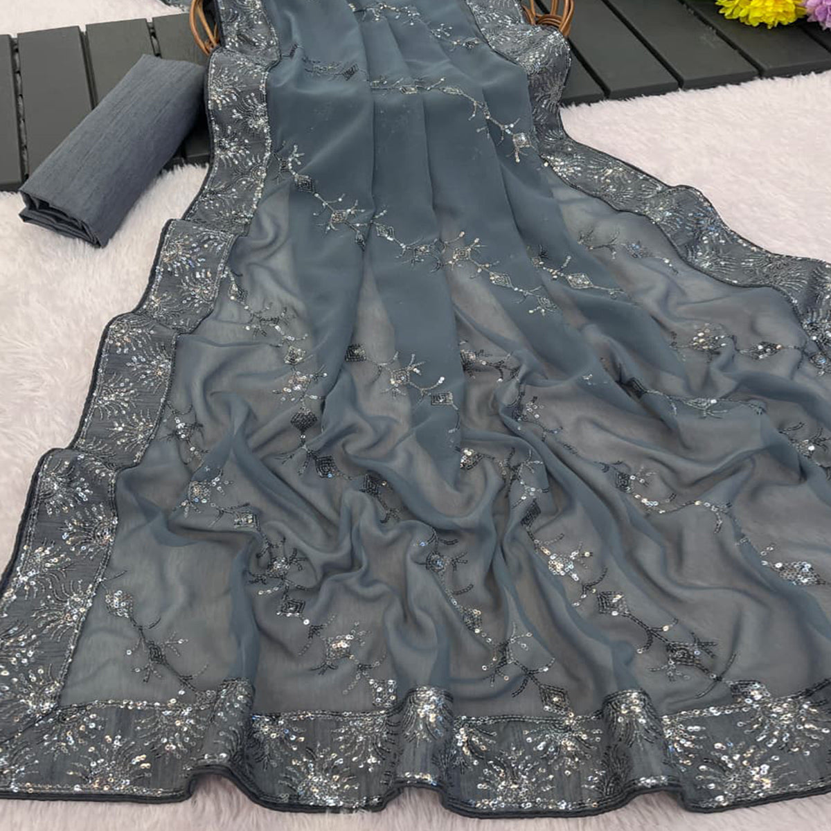 Grey Premium Vichitra Silk Saree Adorned with Shimmering Sequins Work