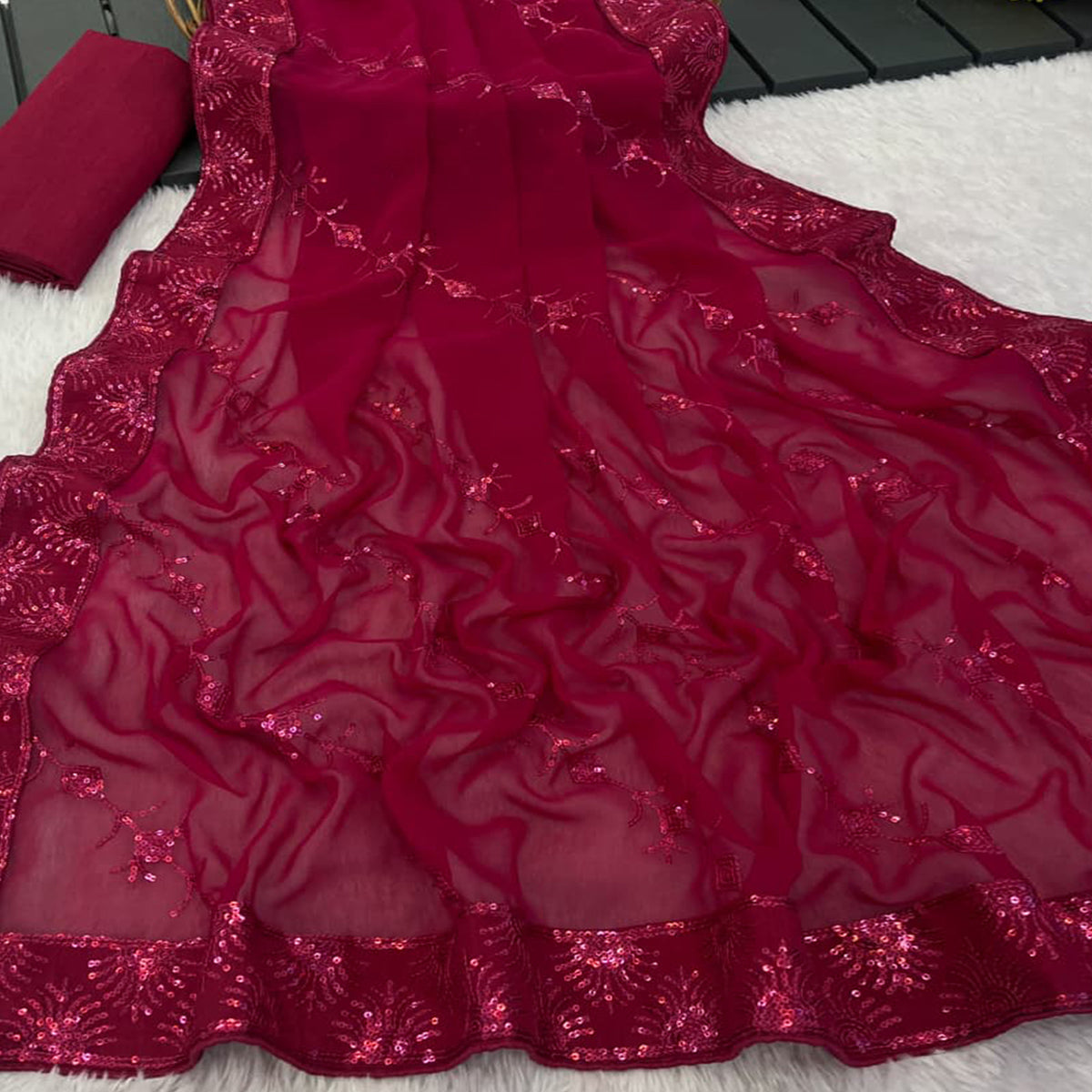 Pink Premium Vichitra Silk Saree Adorned with Shimmering Sequins Work