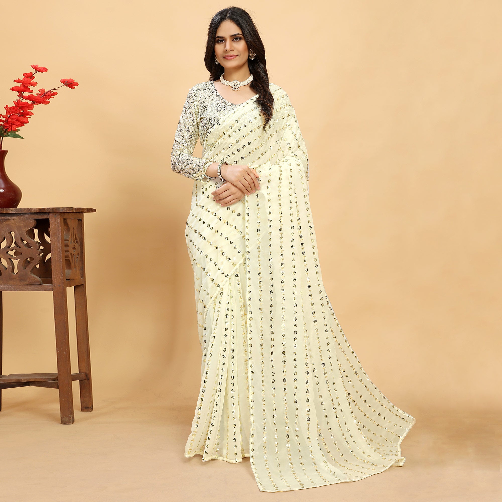 Off White Sequins Embroidered Georgette Saree