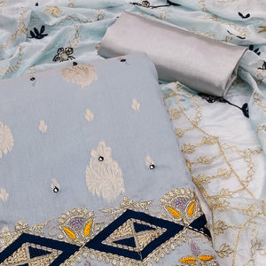 Grey Floral Woven Banarasi Silk Dress Material