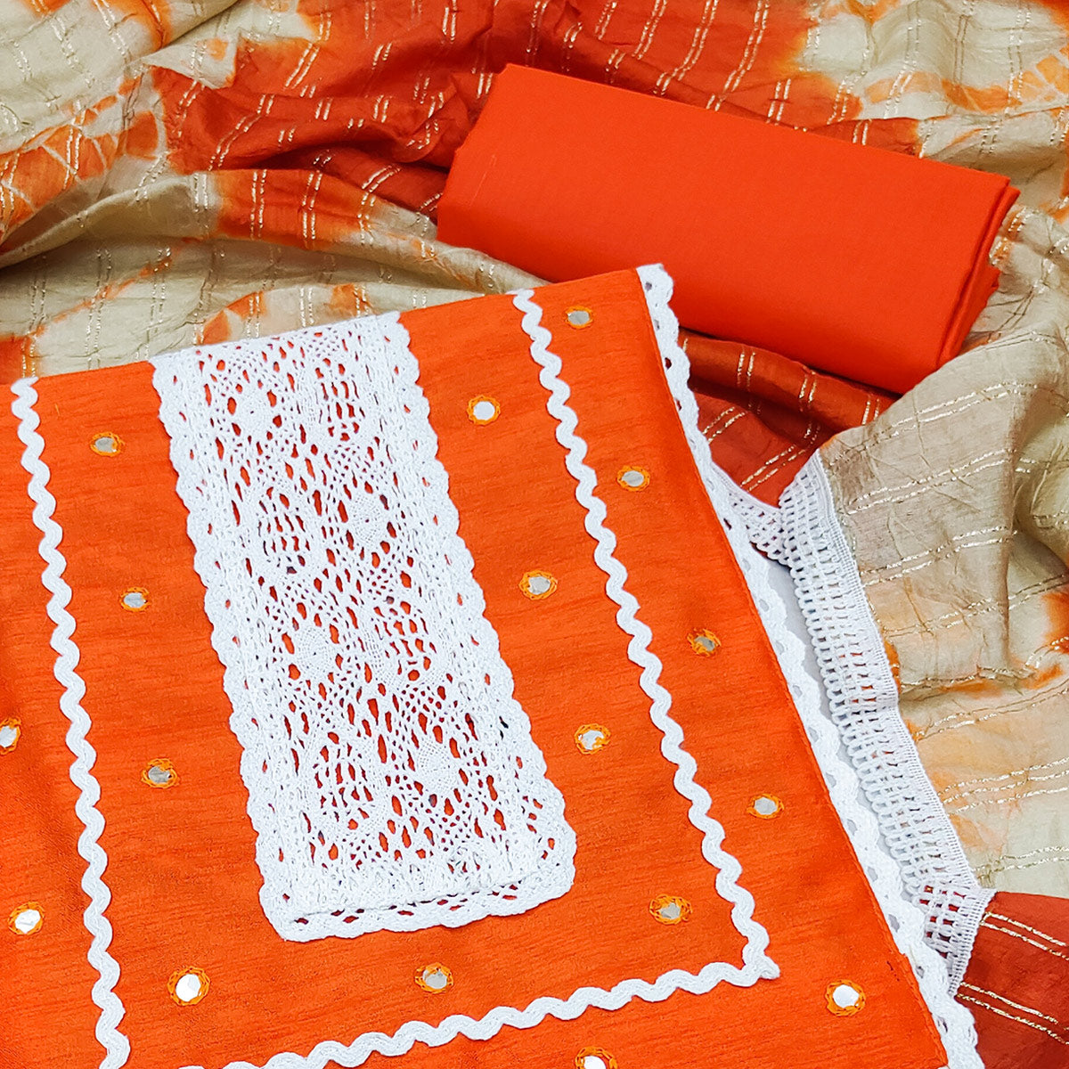 Orange Printed With Embroidered Pure Cotton Dress Material