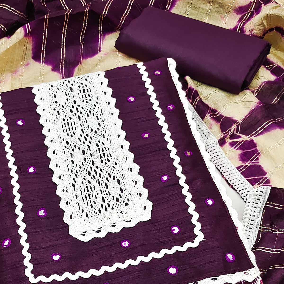 Purple Printed With Embroidered Pure Cotton Dress Material