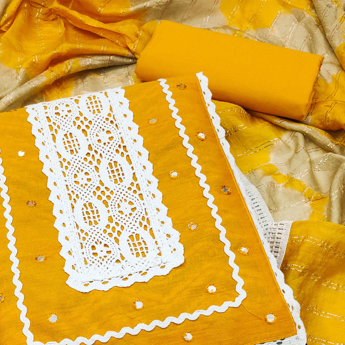 Yellow Printed With Embroidered Pure Cotton Dress Material