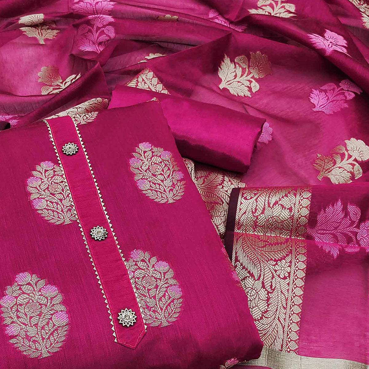 Magenta Pink Floral Woven Banarasi Silk Dress Material